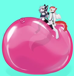 Size: 1960x2018 | Tagged: safe, artist:rubyinflation, derpibooru import, oc, oc:swift apex, anthro, hellhound, pegasus, balloon, balloon fetish, balloon riding, collar, dominant, female, femdom, fetish, helluva boss, leash, loona (helluva boss), pegasus oc