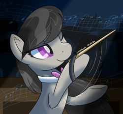 Size: 1578x1465 | Tagged: safe, artist:notadeliciouspotato, derpibooru import, octavia melody, earth pony, pony, g4, audience, bowtie, bust, clothes, conductor's baton, cute, female, feminism, mare, motion lines, octavsass, one eye closed, sheet music, silhouette, smiling, solo focus, tavibetes