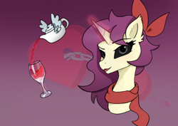 Size: 842x595 | Tagged: safe, artist:pursoul, derpibooru import, oc, oc only, oc:erhai ripple, alcohol, black eye, clothes, female, glass, gradient background, looking at you, magic, scarf, solo, teapot, wine, wine glass