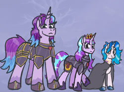 Size: 2048x1517 | Tagged: safe, artist:zoeyhorse, derpibooru import, oc, oc only, oc:constantine bannokburn, oc:eilidh bannokburn, oc:thistle bannokburn, pony, unicorn, anatomically incorrect, armor, cloak, clothes, collar, colored hooves, crown, eye scar, facial scar, female, freckles, frown, height difference, hooves, horn, incorrect leg anatomy, jewelry, looking at you, male, mare, regalia, scar, stallion, trio