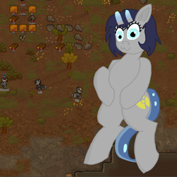 Size: 940x940 | Tagged: safe, artist:xada, derpibooru import, oc, oc only, alien, alien pony, hybrid, pony, antennae, blue mane, blue tail, eyelashes, female, game screencap, gray coat, mare, owo, rimworld, solo, tail, tail between legs, two toned tail