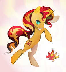 Size: 1208x1313 | Tagged: safe, artist:红青, derpibooru import, sunset shimmer, pony, unicorn, g4, female, gradient background, horn, mare, solo, standing, sunburst background