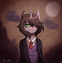 Size: 1080x1095 | Tagged: safe, artist:bkiltersot, derpibooru import, oc, oc only, oc:midnight scrawl, anthro, pony, unicorn, clothes, facial hair, front view, glasses, green eyes, hair over one eye, horn, necktie, shirt, solo, suit, vest, windswept mane