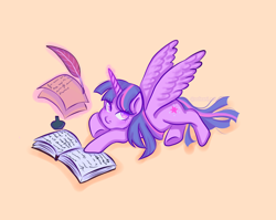 Size: 2250x1792 | Tagged: safe, artist:soleani, derpibooru import, twilight sparkle, twilight sparkle (alicorn), alicorn, pony, g4, book, female, glowing, glowing horn, high angle, horn, inkwell, looking up, lying down, mare, prone, quill, simple background, solo, spread wings, underhoof, wings, yellow background