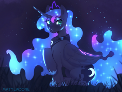 Size: 1910x1447 | Tagged: safe, artist:mattewzone, derpibooru import, princess luna, alicorn, pony, g4, female, looking at you, mare, raised hoof, raised leg, sitting, smiling, smiling at you, solo