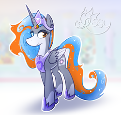 Size: 1631x1546 | Tagged: safe, artist:ossilia flawol, derpibooru import, oc, oc only, oc:portal bump, alicorn, g4, alicorn oc, coat markings, colored wings, companion cube, crown, ethereal mane, ethereal tail, female, gradient wings, horn, jewelry, long horn, looking at you, older, portal (valve), regalia, ring, socks (coat marking), solo, tail, wedding ring, wings