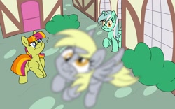 Size: 1350x840 | Tagged: safe, artist:unitxxvii, derpibooru import, derpy hooves, lyra heartstrings, sweetcream scoops, pegasus, pony, unicorn, g4, butt, female, flying, horn, it's coming right at us, looking back, mare, missing horn, outdoors, plot, ponyville, question mark, trio