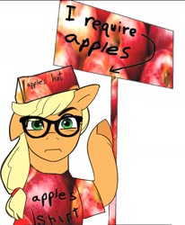 Size: 1302x1580 | Tagged: safe, artist:aztrial, derpibooru import, applejack, earth pony, pony, g4, apple, clothes, cobson, female, food, glasses, hat, mare, meme, serious hat, sign, solo, soyjak, wojak