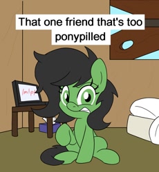 Size: 900x980 | Tagged: safe, artist:unitxxvii, derpibooru import, oc, oc only, oc:anon filly, earth pony, pony, /mlp/, bedroom, computer, female, filly, foal, gritted teeth, indoors, laptop computer, looking at you, sitting, solo, teeth, text, tissue box