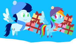 Size: 3553x2499 | Tagged: safe, anonymous artist, derpibooru exclusive, derpibooru import, rainbow dash, soarin', pegasus, pony, series:soarindash hearth's warming, series:soarindash romantic tales, christmas, christmas gift, cute, dashabetes, female, flying, hearth's warming, holiday, looking at each other, looking at someone, male, mare, pointy ponies, present, rainbow dash is best pony, shipping, smiling, snow, soarinbetes, soarindash, stallion, straight, winter, winter clothes