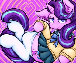 Size: 1280x1066 | Tagged: safe, alternate version, artist:ac1d_rainz, derpibooru import, starlight glimmer, pony, unicorn, g4, abstract background, clothes, eyebrows, female, horn, looking at you, lying down, mare, on side, one ear down, raised eyebrow, school uniform, skirt, smiling, smirk, socks, solo, thigh highs, zettai ryouiki