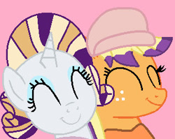 Size: 316x252 | Tagged: safe, artist:jadeharmony, derpibooru import, applejack, rarity, earth pony, pony, unicorn, g4, bailey (wild manes), base used, clothes, cosplay, costume, crossover, duo, duo female, dyed mane, eyes closed, eyeshadow, female, finley (wild manes), freckles, hat, horn, implied finbailey, lesbian, makeup, mare, pink background, rarijack, shipping, simple background, smiling, wild manes