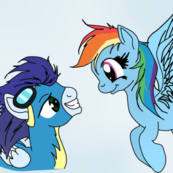 Size: 512x512 | Tagged: safe, derpibooru import, rainbow dash, soarin', pegasus, pony, bust, clothes, duo, female, flying, goggles, goggles on head, looking at each other, looking at someone, male, mare, portrait, shipping, smiling, soarindash, stallion, straight, uniform, wonderbolts uniform