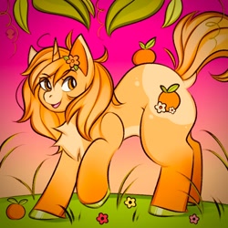 Size: 1000x1000 | Tagged: safe, artist:namelessplaza, derpibooru import, oc, oc only, pony, unicorn, flower, flower in hair, food, gift art, horn, leaf, open mouth, orange, outdoors