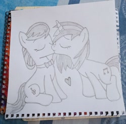 Size: 1280x1262 | Tagged: artist needed, source needed, safe, derpibooru import, dj pon-3, octavia melody, vinyl scratch, pony, unicorn, g4, female, horn, kiss on the lips, kissing, lesbian, mare, scratchtavia, shipping, simple background, sketch, traditional art, white background