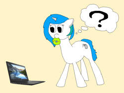 Size: 800x600 | Tagged: safe, artist:jittermouse, derpibooru import, oc, oc:compushka, pony, unicorn, computer, confused, dvd, horn, laptop computer, microsoft windows, mouth hold, ms paint, solo, thought bubble, windows xp