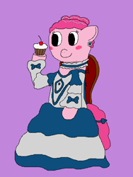 Size: 415x553 | Tagged: safe, artist:jittermouse, derpibooru import, pinkie pie, pony, g4, blush sticker, blushing, chair, clothes, cupcake, dress, ear piercing, earring, food, jewelry, marie antoinette, ms paint, piercing, pinktober, sitting, solo