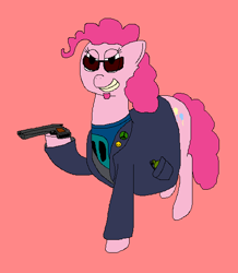 Size: 498x570 | Tagged: safe, artist:jittermouse, derpibooru import, pinkie pie, earth pony, pony, g4, clothes, facial hair, grenade, grin, gun, ms paint, pinktober, postal 2, postal dude, shirt, smiling, solo, soul patch, sunglasses, t-shirt, trenchcoat, weapon