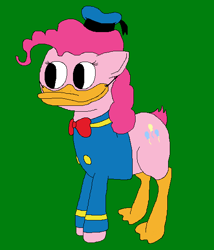 Size: 513x600 | Tagged: safe, artist:jittermouse, derpibooru import, pinkie pie, bird, duck, earth pony, pony, g4, bowtie, clothes, cursed image, disney, donald duck, ms paint, pinktober, sailor uniform, solo, uniform