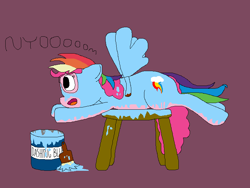 Size: 800x600 | Tagged: safe, artist:jittermouse, derpibooru import, pinkie pie, rainbow dash, earth pony, pony, g4, bodypaint, clothes, cosplay, costume, fake wings, goggles, ms paint, paint, paintbrush, pretending to fly, safety goggles, solo, stool, wig