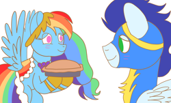 Size: 3752x2265 | Tagged: safe, artist:drawponiesblog, derpibooru import, rainbow dash, soarin', pegasus, pony, g4, the best night ever, apple, apple pie, clothes, dress, female, food, gown, male, mare, my little pony: friendship is magic, pie, rainbow dash's first gala dress, shipping, soarindash, stallion, straight, uniform, wonderbolts, wonderbolts uniform