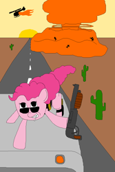 Size: 800x1200 | Tagged: safe, artist:jittermouse, derpibooru import, pinkie pie, earth pony, pony, g4, action pose, bandolier, cactus, candy, car, desert, explosion, food, gun, helicopter, knife, lollipop, ms paint, nuclear explosion, outdoors, pinktober, shotgun, smiling, solo, sunglasses, sunset, weapon