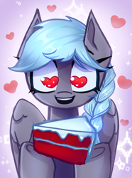 Size: 2229x3000 | Tagged: safe, artist:opal_radiance, derpibooru import, oc, oc only, pegasus, pony, braid, cake, cake slice, food, heart, heart eyes, solo, wingding eyes