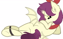 Size: 2556x1593 | Tagged: safe, derpibooru import, oc, oc:erhai ripple, bat pony, pony, unicorn, back, butt, ear fluff, ears, horn, lying down, on side, plot, solo, spread wings, underhoof, wings