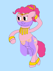 Size: 600x800 | Tagged: safe, artist:jittermouse, derpibooru import, pinkie pie, earth pony, pony, g4, belly dancer, belly dancer outfit, bipedal, lidded eyes, ms paint, pinktober, smiling, solo, veil