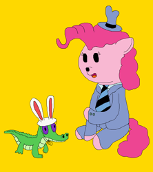 Size: 671x756 | Tagged: safe, artist:jittermouse, derpibooru import, gummy, pinkie pie, alligator, earth pony, pony, g4, clothes, hat, ms paint, necktie, pinktober, sam and max, sitting, solo, suit