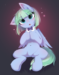 Size: 2957x3707 | Tagged: safe, artist:empress-twilight, derpibooru import, oc, oc only, oc:silky strings, pegasus, pony, :o, belly, belly button, blue coat, blushing, bobcut, bowtie, cheek fluff, chest fluff, commission, ear blush, ear fluff, ears, eye clipping through hair, eyebrows, eyebrows visible through hair, featureless crotch, female, female oc, gradient background, green mane, green tail, halftone, head tilt, high res, hock fluff, hooves together, leg fluff, looking at you, mare, mare oc, one ear down, open mouth, pegasus oc, shiny mane, shiny tail, short hair, short mane, sitting, solo, sparkles, spread wings, tail, teal eyes, thin, two toned mane, two toned tail, underhoof, wing fluff, wings, ych result