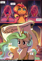 Size: 3541x5121 | Tagged: safe, artist:baban illustration, artist:lummh, derpibooru import, princess cadance, princess celestia, sunset shimmer, alicorn, pony, unicorn, comic:the princess of love, g4, absurd resolution, canterlot castle, canterlot castle interior, comic, crown, crying, emanata, female, filly, filly sunset shimmer, foal, glowing, glowing horn, horn, indoors, jewelry, levitation, magic, mare, mirror portal, patreon, patreon logo, peytral, regalia, sad, scroll, speech bubble, teen princess cadance, telekinesis, younger, younger sunset