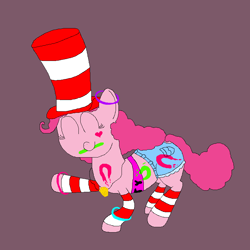 Size: 800x800 | Tagged: safe, artist:jittermouse, derpibooru import, pinkie pie, earth pony, pony, g4, clothes, dancing, denim, denim shorts, eyes closed, glowstick, hat, heart, hoofprints, jewelry, leg warmers, ms paint, paint, pendant, pinktober, shorts, solo, stripes, top hat, tube top