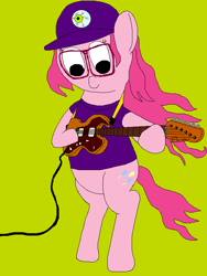 Size: 600x800 | Tagged: safe, artist:jittermouse, derpibooru import, pinkie pie, earth pony, pony, g4, baseball cap, bipedal, cap, clothes, dinosaur jr., electric guitar, glasses, guitar, hat, ms paint, musical instrument, pinktober, shirt, solo, t-shirt