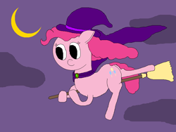 Size: 800x600 | Tagged: safe, artist:jittermouse, derpibooru import, pinkie pie, earth pony, pony, g4, broom, cloak, clothes, flying, hat, moon, ms paint, night, pinktober, solo, witch, witch hat