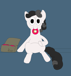 Size: 1200x1289 | Tagged: safe, artist:jittermouse, derpibooru import, oc, oc:pon-pushka, earth pony, pony, box, caught, donut, eating, food, implied anon, ms paint, pon-pushka, sitting, solo