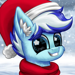 Size: 3000x3000 | Tagged: safe, artist:sunamoonmlp, derpibooru exclusive, derpibooru import, oc, oc only, oc:snowy pop, pegasus, pony, g4, bust, cheek fluff, christmas, christmas clothing, clothes, commission, cute, ear fluff, ears, hat, holiday, looking at you, male, outdoors, pfp, portrait, santa hat, scarf, smiling, smiling at you, snow, stallion, staring at you, teeth