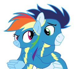 Size: 1280x1154 | Tagged: safe, alternate version, artist:soarindasher10, derpibooru import, rainbow dash, soarin', pegasus, pony, clothes, female, hug, looking at each other, looking at someone, male, mare, shipping, simple background, smiling, soarindash, stallion, straight, transparent background, uniform, wonderbolts, wonderbolts uniform