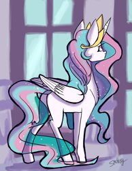 Size: 3500x4500 | Tagged: safe, artist:jupiter, derpibooru import, princess celestia, alicorn, pony, g4, butt, crown, female, high res, jewelry, looking away, mare, missing accessory, missing cutie mark, plot, regalia, solo, window