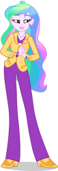 Size: 1280x3767 | Tagged: safe, artist:dustinwatsongkx, derpibooru import, princess celestia, principal celestia, human, eqg summertime shorts, equestria girls, g4, subs rock, blazer, bracelet, clothes, cutie mark accessory, female, grin, hands together, jewelry, lidded eyes, lipstick, pants, pin, shirt, shoes, simple background, smiling, solo, teeth, transparent background, watch, wristwatch