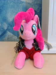 Size: 3749x4999 | Tagged: safe, derpibooru import, pinkie pie, earth pony, pony, g4, clothes, dress, front view, irl, looking at you, lying down, merchandise, official, outfit, photo, plush pony, plushie, reesee, smiling