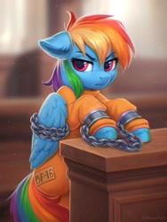 Size: 1500x2000 | Tagged: safe, alternate version, artist:scheadar, derpibooru import, rainbow dash, pegasus, pony, bound wings, chained, chains, clothes, courtroom, grumpy, indoors, never doubt rainbowdash69's involvement, prison outfit, prisoner, prisoner rd, shackles, wings