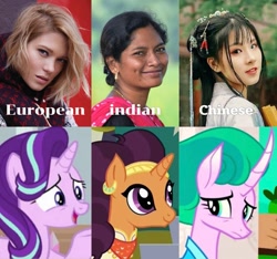 Size: 1283x1199 | Tagged: safe, derpibooru import, mistmane, starlight glimmer, human, pony, unicorn, g4, chinese, chinese pony, european, european pony, female, horn, human female, indian, indian pony, taxonomy