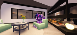 Size: 2796x1290 | Tagged: safe, derpibooru import, twilight sparkle, pony, g4, 3d, 3d model, book, bookshelf, chair, fireplace, flower, indoors, light, living room, mod, plant, roblox, side view, sitting, solo, table, wings