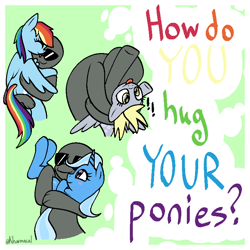 Size: 768x768 | Tagged: safe, artist:kharmacal, derpibooru exclusive, derpibooru import, derpy hooves, rainbow dash, trixie, oc, oc:anon, pegasus, pony, unicorn, g4, butt, caption, holding a pony, horn, hug, image macro, passepartout, sunglasses, text, tongue, tongue out, winghug, wings