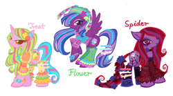 Size: 2338x1299 | Tagged: safe, artist:eyerealm, artist:junglicious64, derpibooru import, oc, oc only, oc:flower, oc:spider, oc:treat, earth pony, pegasus, pony, unicorn, collaboration, adoptable, adoptable open, blouse, blue eyeshadow, blushing, bracelet, braid, brown eyelashes, brown pupils, cardigan, choker, clothes, colored lineart, colored pupils, colored sclera, colorful, earth pony oc, eye clipping through hair, eyelashes, eyeshadow, female, female oc, flower, flower in tail, for sale, frilly socks, goth, green text, hair accessory, hat, high heels, hoof shoes, horn, jewelry, kidcore, lace, leg warmers, lidded eyes, lip piercing, lipstick, long eyelashes, long mane, long tail, makeup, mane accessory, mare, mare oc, multicolored mane, multicolored tail, orange eyes, pegasus oc, piercing, pink coat, pink eyes, pink text, profile, puffy sleeves, purple coat, purple eyelashes, purple eyeshadow, purple lipstick, purple pupils, rearing, red eyes, red mane, red tail, red text, rose, see-through, shawl, shirt, shoes, signature, simple background, smiling, snake bites, socks, sparkly shoes, spread wings, standing, stockings, tail, thick eyelashes, thigh highs, thorn, three quarter view, trio, trio female, tropical, two toned mane, two toned tail, unicorn horn, unicorn oc, wall of tags, watermark, wavy mane, wavy tail, white background, wings