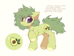 Size: 2360x1794 | Tagged: safe, artist:mirtash, derpibooru import, oc, oc only, oc:avocado pony, earth pony, pony, autism spectrum disorder, bags under eyes, big eyes, brown eyes, brown text, colored hooves, cute, ear fluff, ears, earth pony oc, eye clipping through hair, eyebrows, eyebrows visible through hair, eyelashes, female, female oc, fluffy mane, fluffy tail, frown, green coat, green mane, green tail, hock fluff, hooves, leg fluff, looking back, mare, mare oc, nervous, ocbetes, raised hoof, raised leg, shiny eyes, simple background, solo, standing, standing on three hooves, tail, three quarter view, wavy mouth, white background, yellow hooves