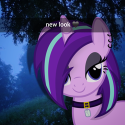 Size: 2048x2046 | Tagged: safe, artist:slb94, artist:trrrebleee, derpibooru import, edit, starlight glimmer, pony, unicorn, g4, alternate hairstyle, caption, edgelight glimmer, eyeliner, female, glimmer goth, goth, grass, horn, irl, jewelry, makeup, mare, nature, necklace, outdoors, photo, real life background, short mane, snapchat, solo, text, tree, vector, vector edit