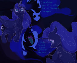 Size: 1700x1400 | Tagged: safe, artist:abbytabbys, derpibooru import, nightmare moon, princess luna, alicorn, pony, fanfic:broken destiny, g4, alternate universe, black coat, blue coat, blue eyes, blue mane, blue pupils, blue sclera, blue tail, blue text, broken destiny au, colored eyelashes, colored sclera, colored sketch, dialogue, duo, duo female, ears back, ethereal mane, ethereal tail, eyeshadow, fanfic art, female, flowing mane, flowing tail, folded wings, frown, glowing, glowing eyes, helmet, horn, looking at someone, makeup, mare, missing accessory, nightmare moon armor, no mouth, profile, purple eyelashes, purple eyeshadow, raised hoof, raised leg, scared, self paradox, self ponidox, shrunken pupils, sketch, sparkles, sparkly mane, sparkly tail, standing, standing on three hooves, starry mane, starry tail, tail, teal sclera, unicorn horn, white eyes, white pupils, white text, wings