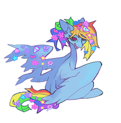 Size: 828x840 | Tagged: safe, artist:cutesykill, derpibooru import, rainbow dash, pegasus, pony, seraph, g4, alternate design, alternate hairstyle, alternate tailstyle, big ears, blue coat, decora, ear fluff, ears, eyelashes, female, hair accessory, hairclip, head turn, lidded eyes, mane accessory, mare, multicolored hair, multicolored mane, multiple wings, open mouth, partially open wings, pink eyes, rainbow hair, rainbow tail, rear view, simple background, sitting, slender, slit eyes, solo, tail, tail clip, thin, three quarter view, white background, wing accessory, wings